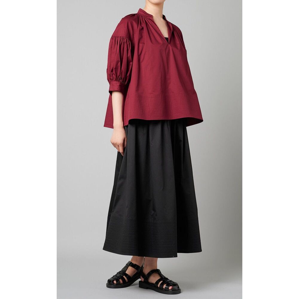 CO Women Dark Red V-Neck Puff Sleeve Poplin 100% Cotton Boxy Blouse size Small